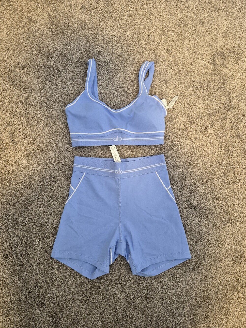 ALO Yoga Light Blue Sports Bra and Shorts Set